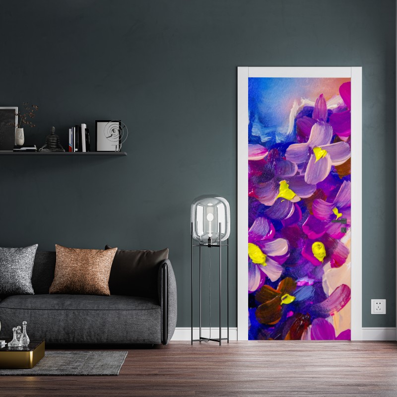 Naklejka na drzwi wibrujący fioletowy bukiet kwiatów – Wallissimo® Naklejka na drzwi wibrujący fioletowy bukiet kwiatów – Wallissimo®
