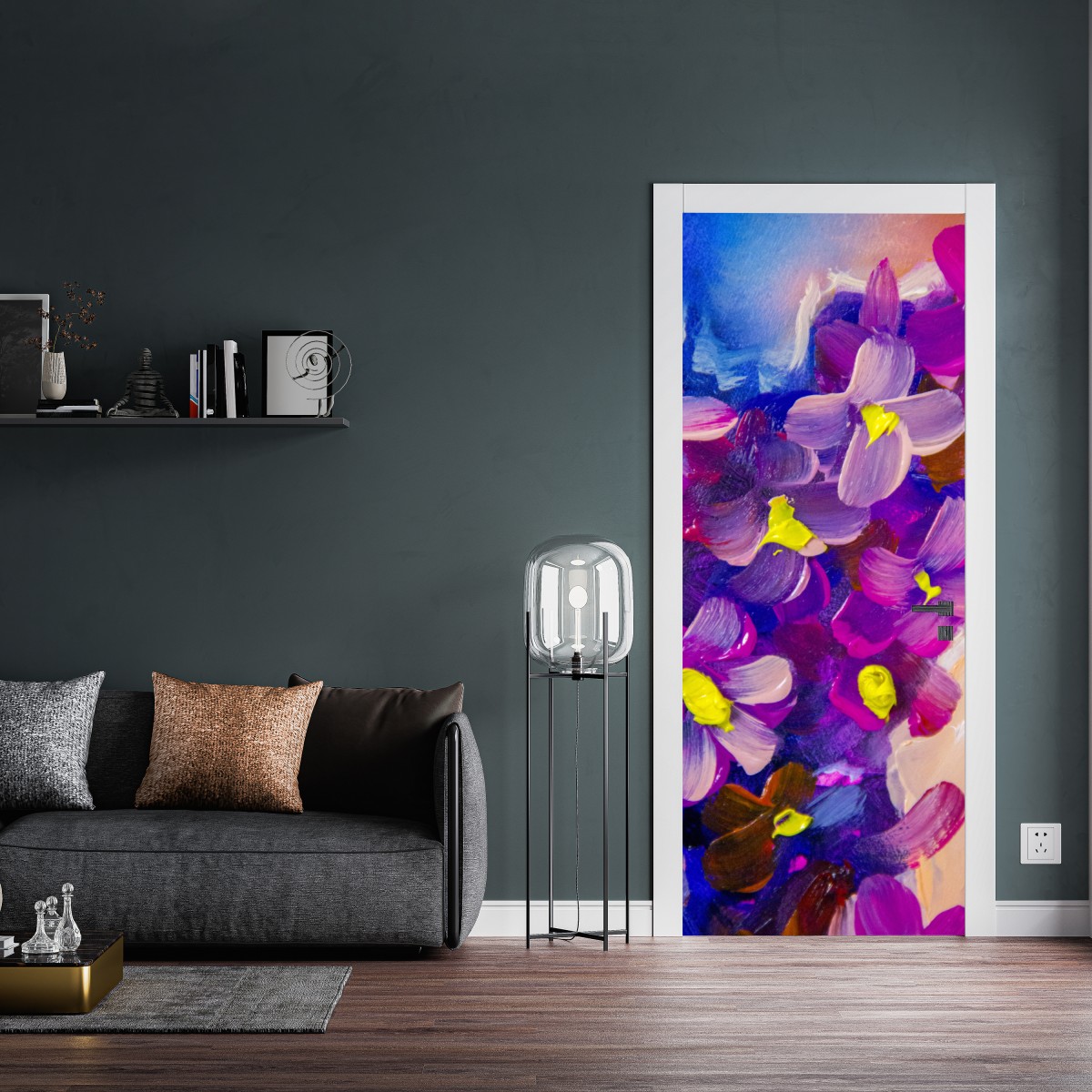 Naklejka na drzwi wibrujący fioletowy bukiet kwiatów – Wallissimo® Naklejka na drzwi wibrujący fioletowy bukiet kwiatów – Wallissimo®