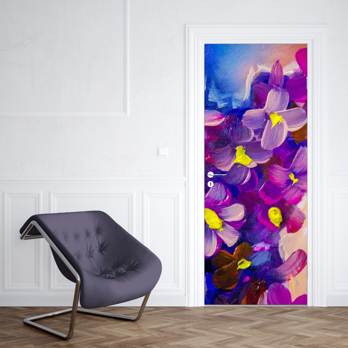 Naklejka na drzwi wibrujący fioletowy bukiet kwiatów – Wallissimo® Naklejka na drzwi wibrujący fioletowy bukiet kwiatów – Wallissimo®