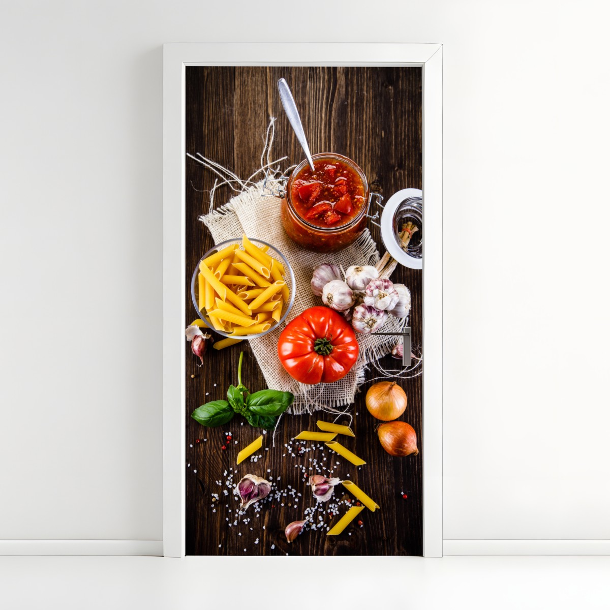 Door sticker rustic italian pasta ingredients flat lay – Wallissimo®