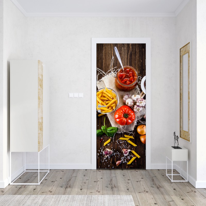 Naklejka na drzwi rustykalne włoskie składniki do makaronu – Wallissimo® Naklejka na drzwi rustykalne włoskie składniki do makaronu – Wallissimo®