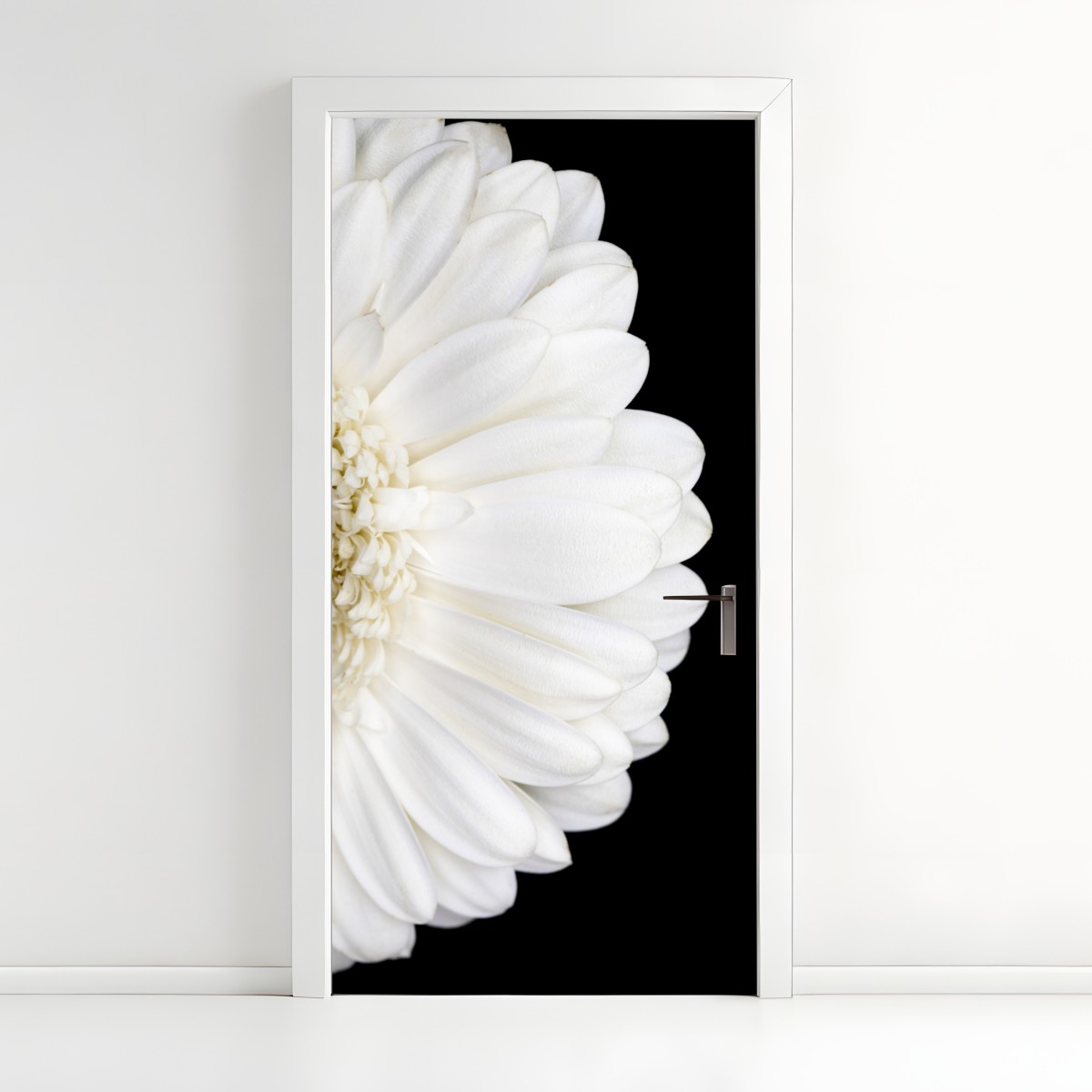 Door sticker white gerbera on black minimalist close-up – Wallissimo®