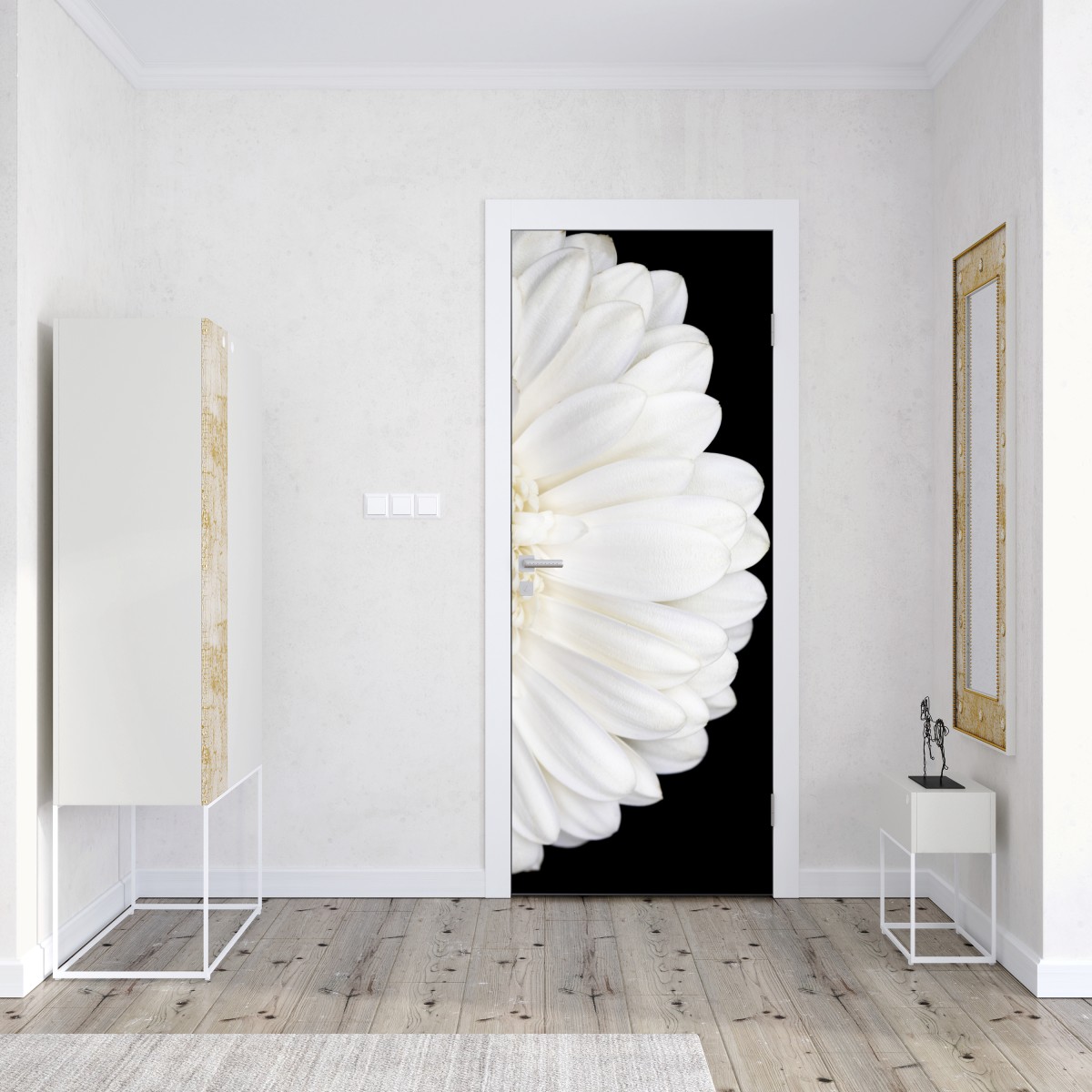 Naklejka na drzwi biała gerbera na czarnym tle minimalistyczne zbliżenie – Wallissimo® Naklejka na drzwi biała gerbera na czarnym tle minimalistyczne zbliżenie – Wallissimo®