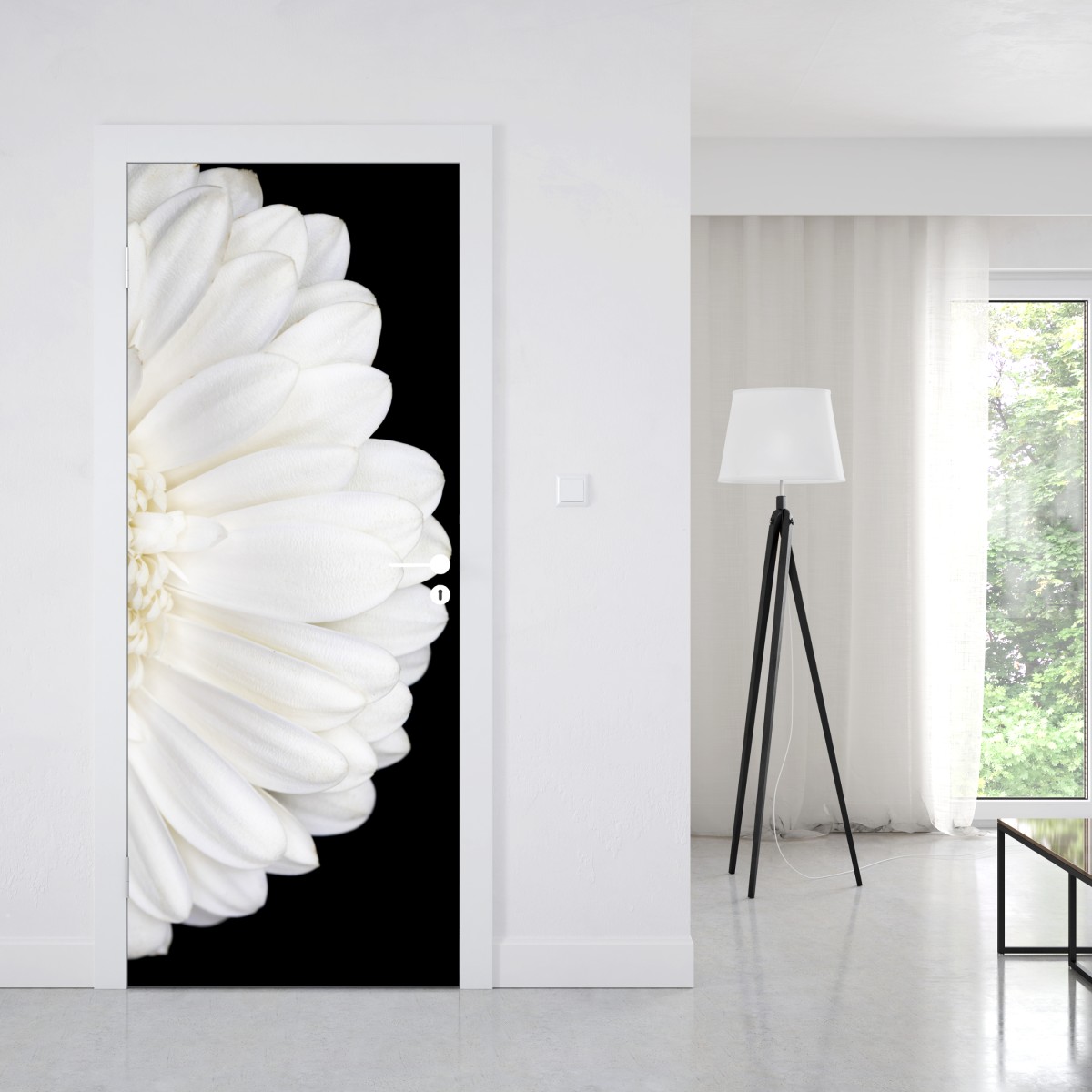 Naklejka na drzwi biała gerbera na czarnym tle minimalistyczne zbliżenie – Wallissimo® Naklejka na drzwi biała gerbera na czarnym tle minimalistyczne zbliżenie – Wallissimo®