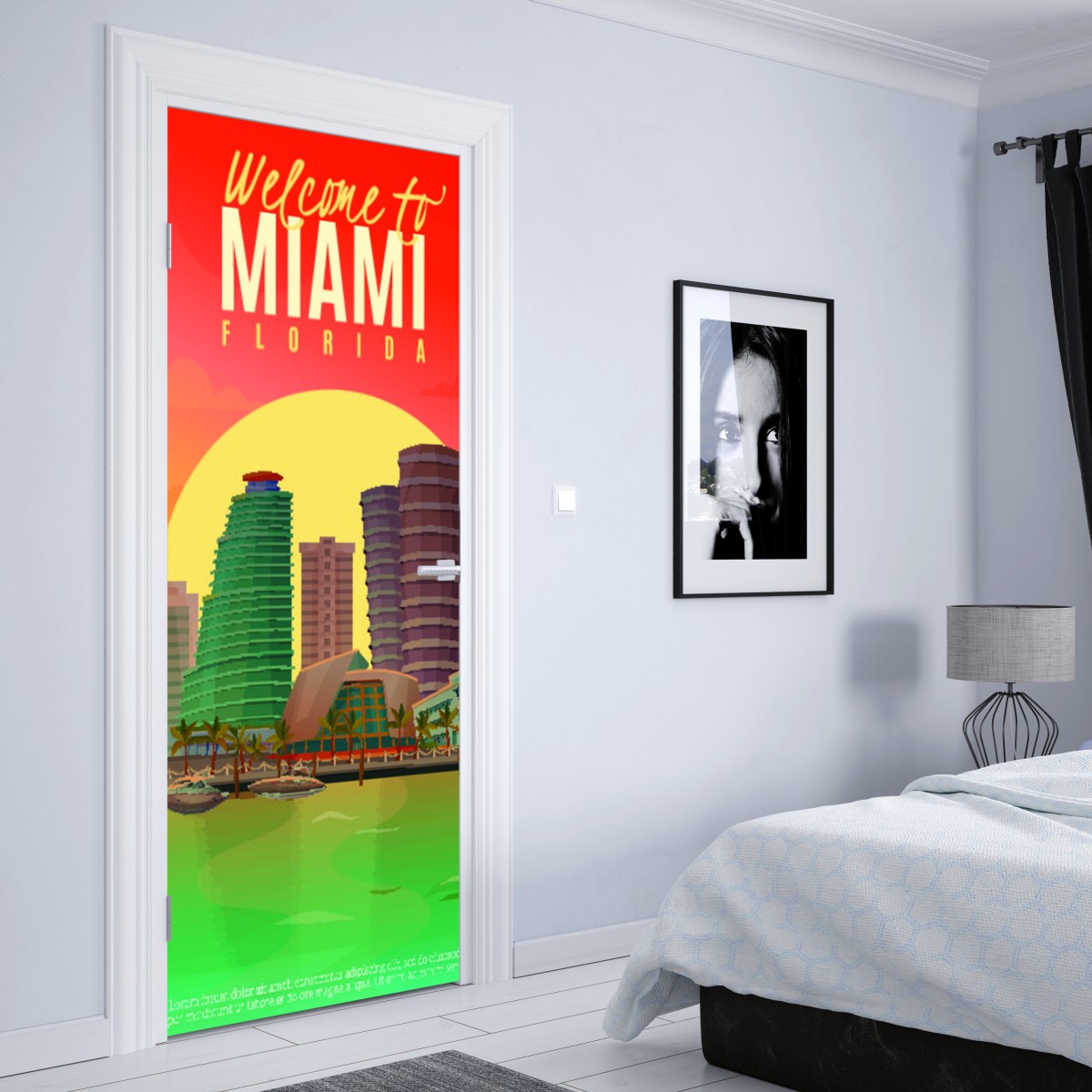 Naklejka na drzwi Miami panorama zachodu słońca – Wallissimo® Naklejka na drzwi Miami panorama zachodu słońca – Wallissimo®