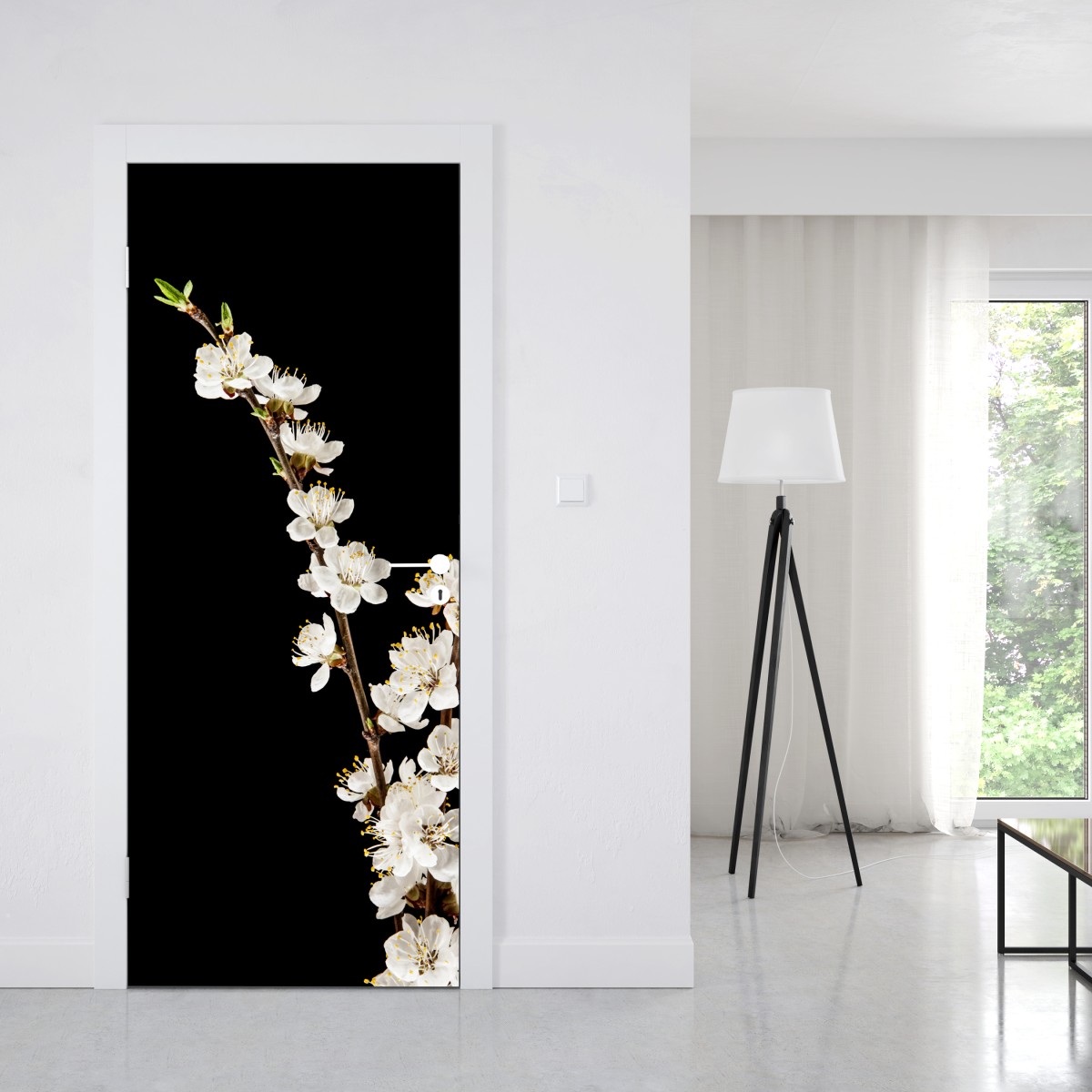 Naklejka na drzwi delikatna gałązka kwitnącej moreli na czarnym tle – Wallissimo® Naklejka na drzwi delikatna gałązka kwitnącej moreli na czarnym tle – Wallissimo®
