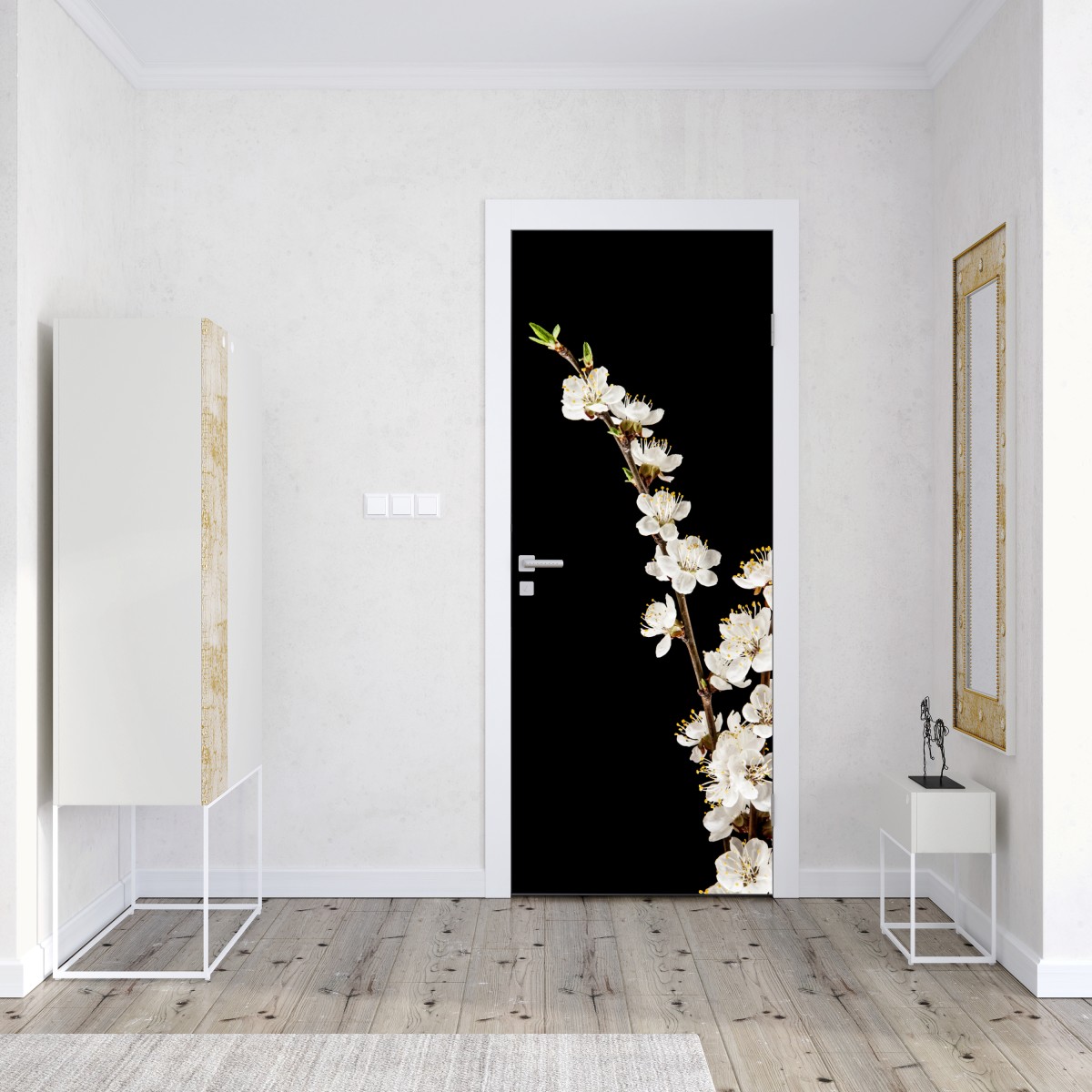 Naklejka na drzwi delikatna gałązka kwitnącej moreli na czarnym tle – Wallissimo® Naklejka na drzwi delikatna gałązka kwitnącej moreli na czarnym tle – Wallissimo®