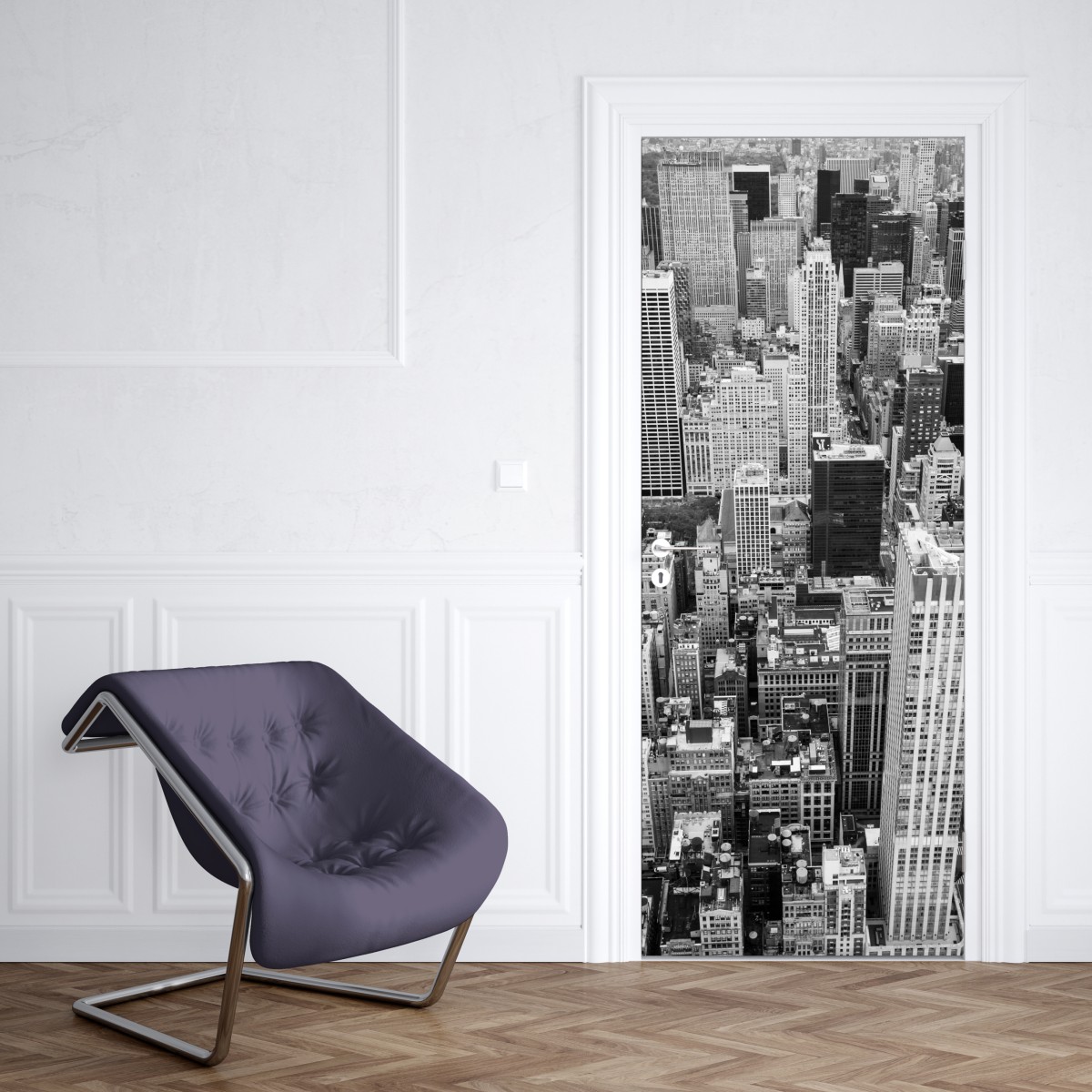 Naklejka na drzwi czarno-biała panorama miasta – Wallissimo® Naklejka na drzwi czarno-biała panorama miasta – Wallissimo®