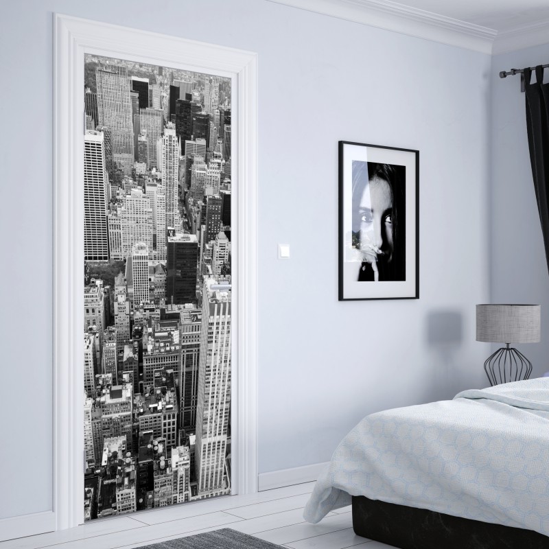 Naklejka na drzwi czarno-biała panorama miasta – Wallissimo® Naklejka na drzwi czarno-biała panorama miasta – Wallissimo®
