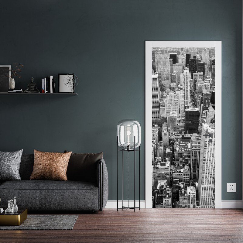 Naklejka na drzwi czarno-biała panorama miasta – Wallissimo® Naklejka na drzwi czarno-biała panorama miasta – Wallissimo®