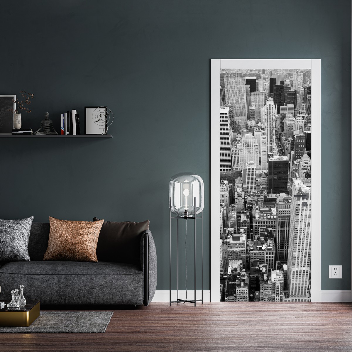 Naklejka na drzwi czarno-biała panorama miasta – Wallissimo® Naklejka na drzwi czarno-biała panorama miasta – Wallissimo®