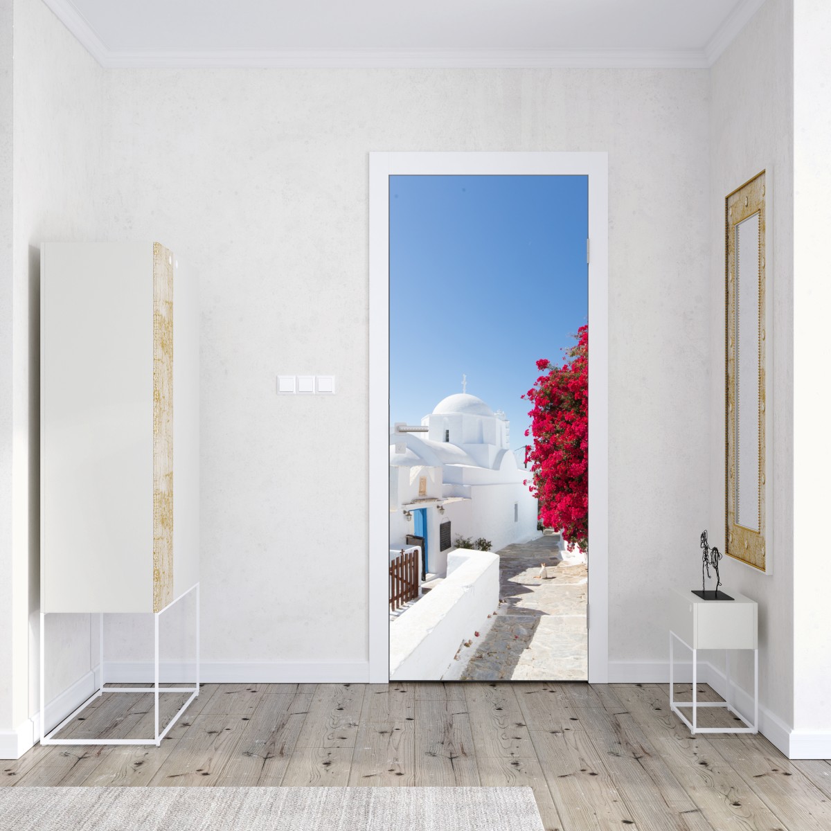 Naklejka na drzwi słoneczna ulica wyspy z bujną bugenwillą – Wallissimo® Naklejka na drzwi słoneczna ulica wyspy z bujną bugenwillą – Wallissimo®