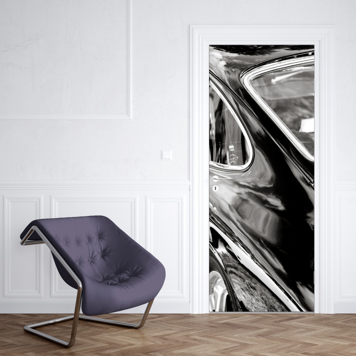 Naklejka na drzwi zabytkowy tył samochodu w czerni i bieli – Wallissimo® Naklejka na drzwi zabytkowy tył samochodu w czerni i bieli – Wallissimo®