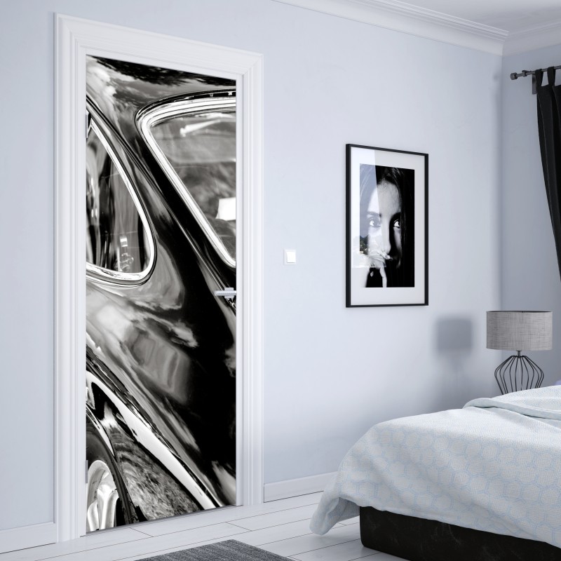 Naklejka na drzwi zabytkowy tył samochodu w czerni i bieli – Wallissimo® Naklejka na drzwi zabytkowy tył samochodu w czerni i bieli – Wallissimo®