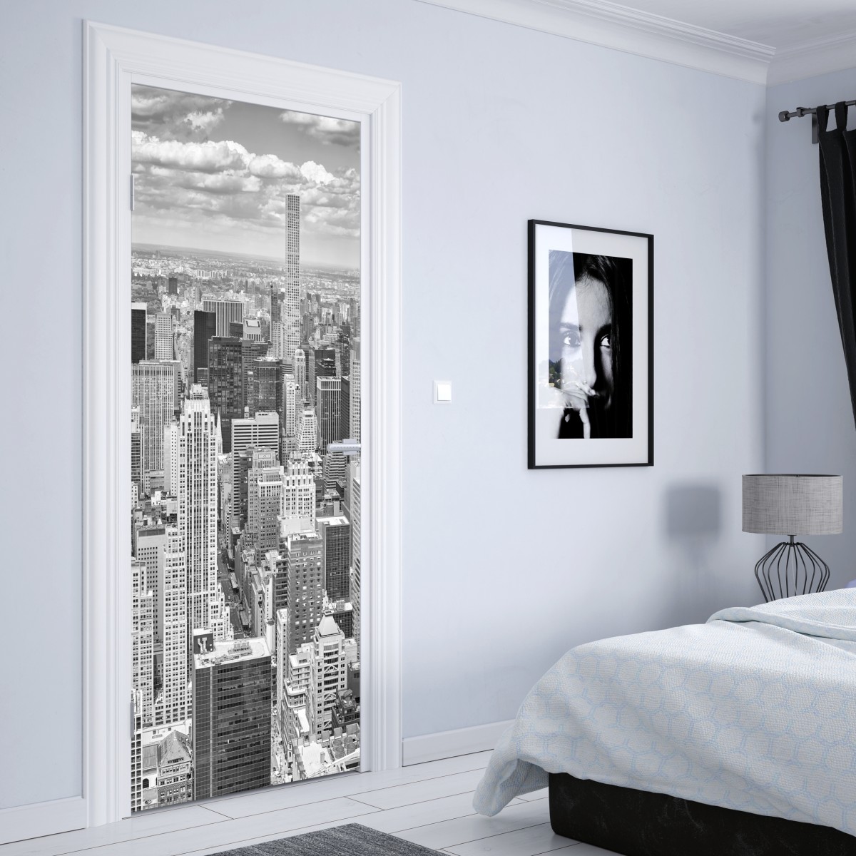 Naklejka na drzwi panorama Nowego Jorku w monochromie – Wallissimo® Naklejka na drzwi panorama Nowego Jorku w monochromie – Wallissimo®