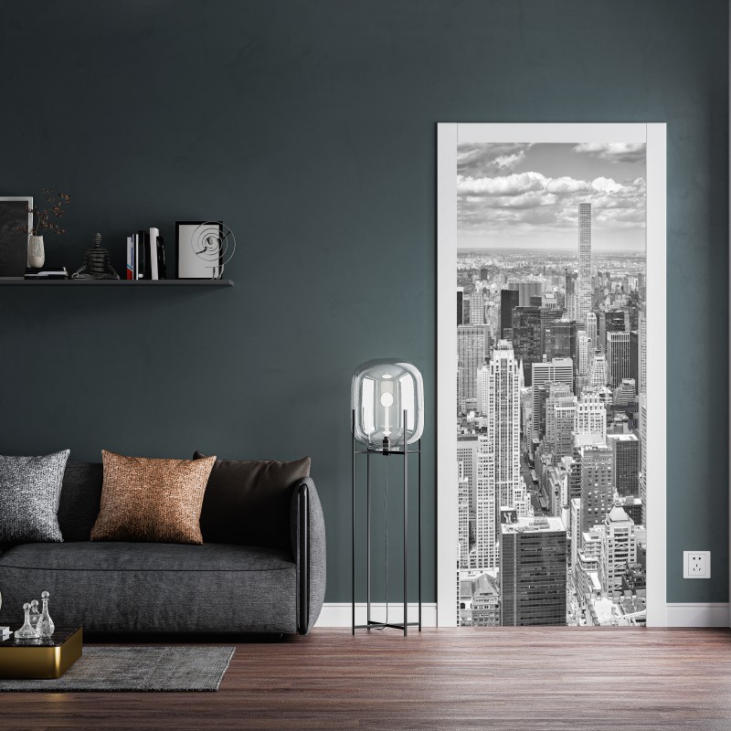 Naklejka na drzwi panorama Nowego Jorku w monochromie – Wallissimo® Naklejka na drzwi panorama Nowego Jorku w monochromie – Wallissimo®