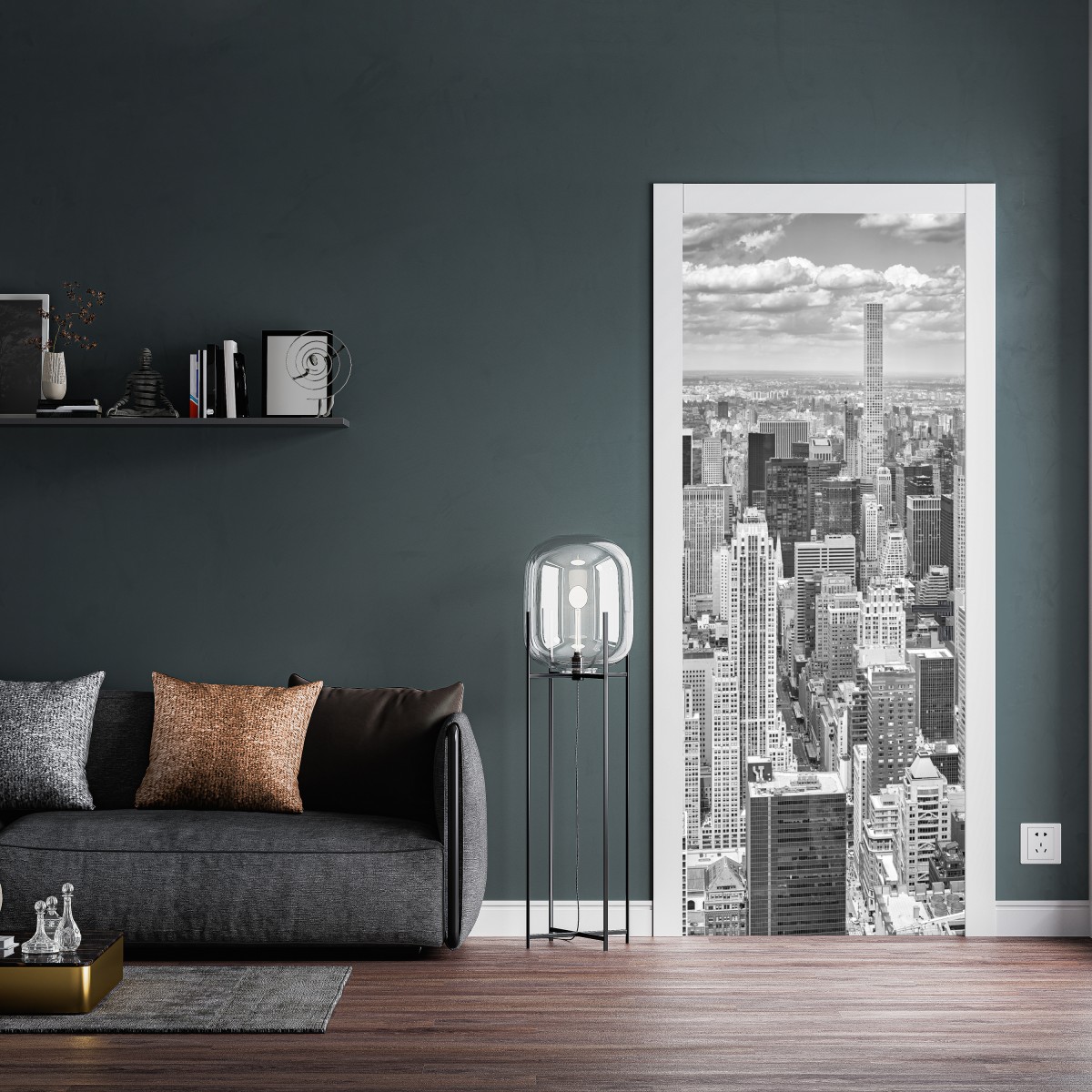 Naklejka na drzwi panorama Nowego Jorku w monochromie – Wallissimo® Naklejka na drzwi panorama Nowego Jorku w monochromie – Wallissimo®