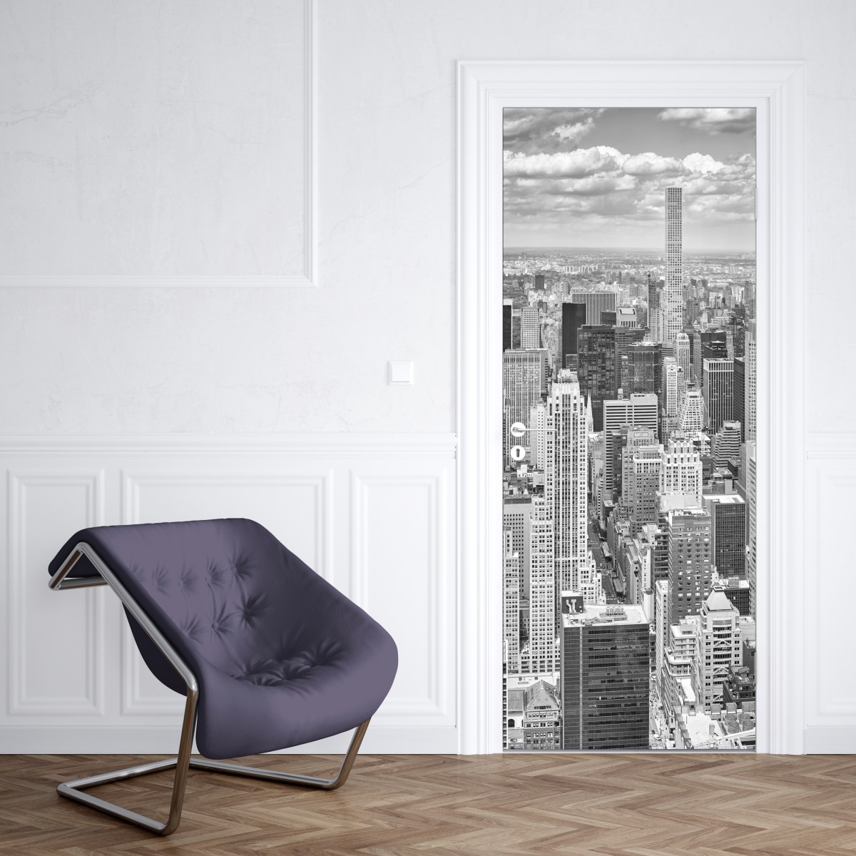 Naklejka na drzwi panorama Nowego Jorku w monochromie – Wallissimo® Naklejka na drzwi panorama Nowego Jorku w monochromie – Wallissimo®