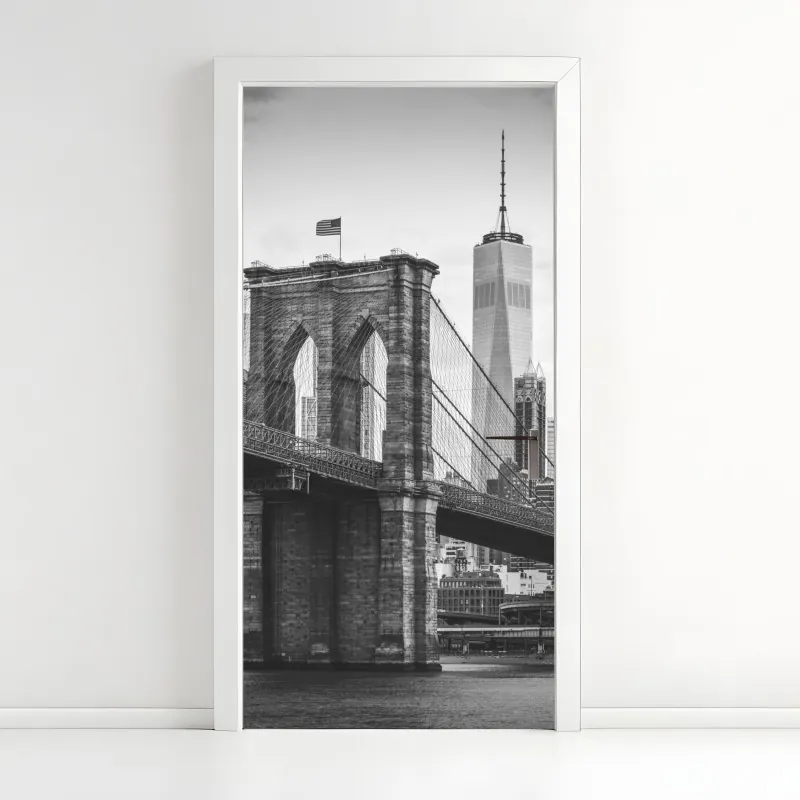 Naklejka na drzwi most brooklyński w czerni i bieli