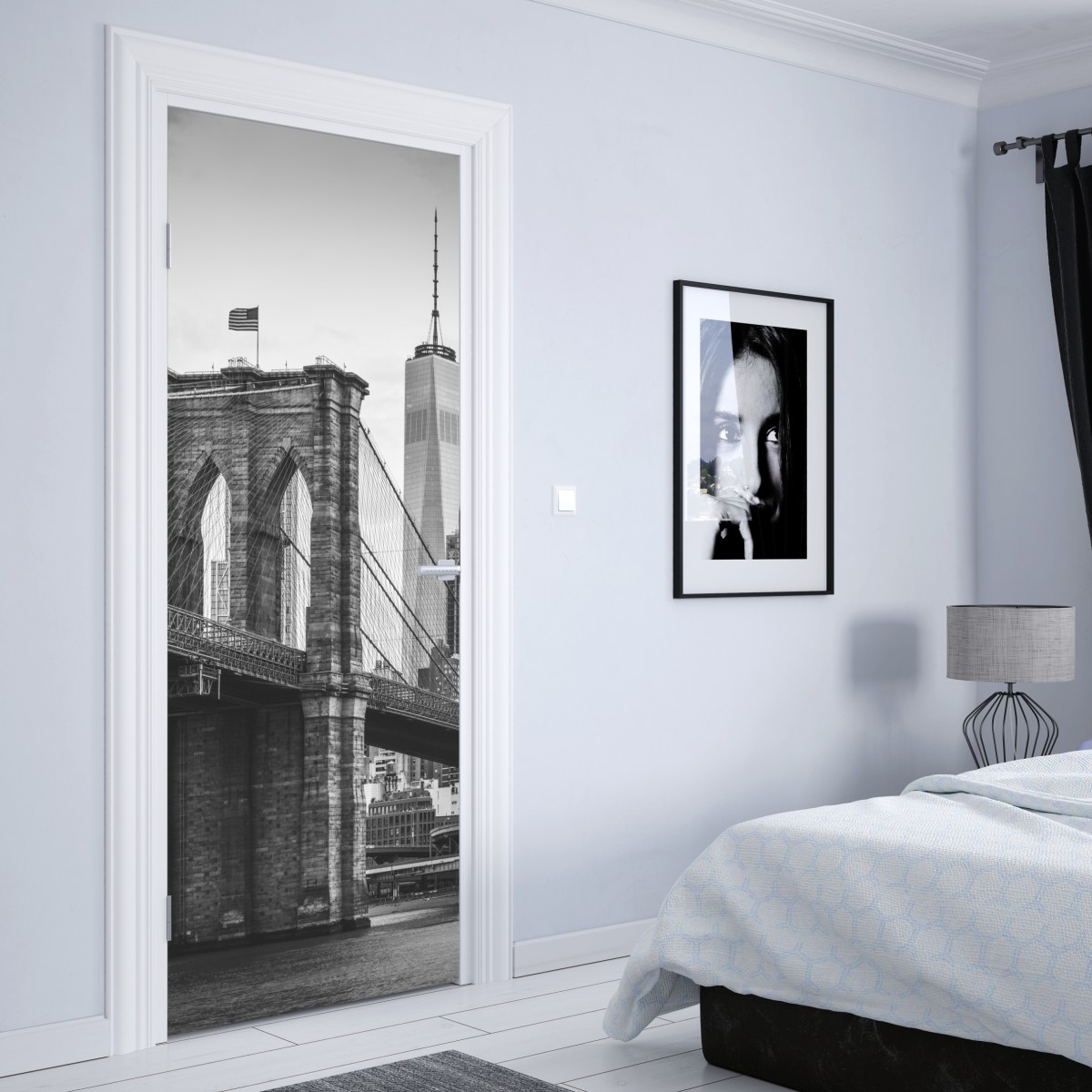 Naklejka na drzwi most brooklyński w czerni i bieli – Wallissimo® Naklejka na drzwi most brooklyński w czerni i bieli – Wallissimo®