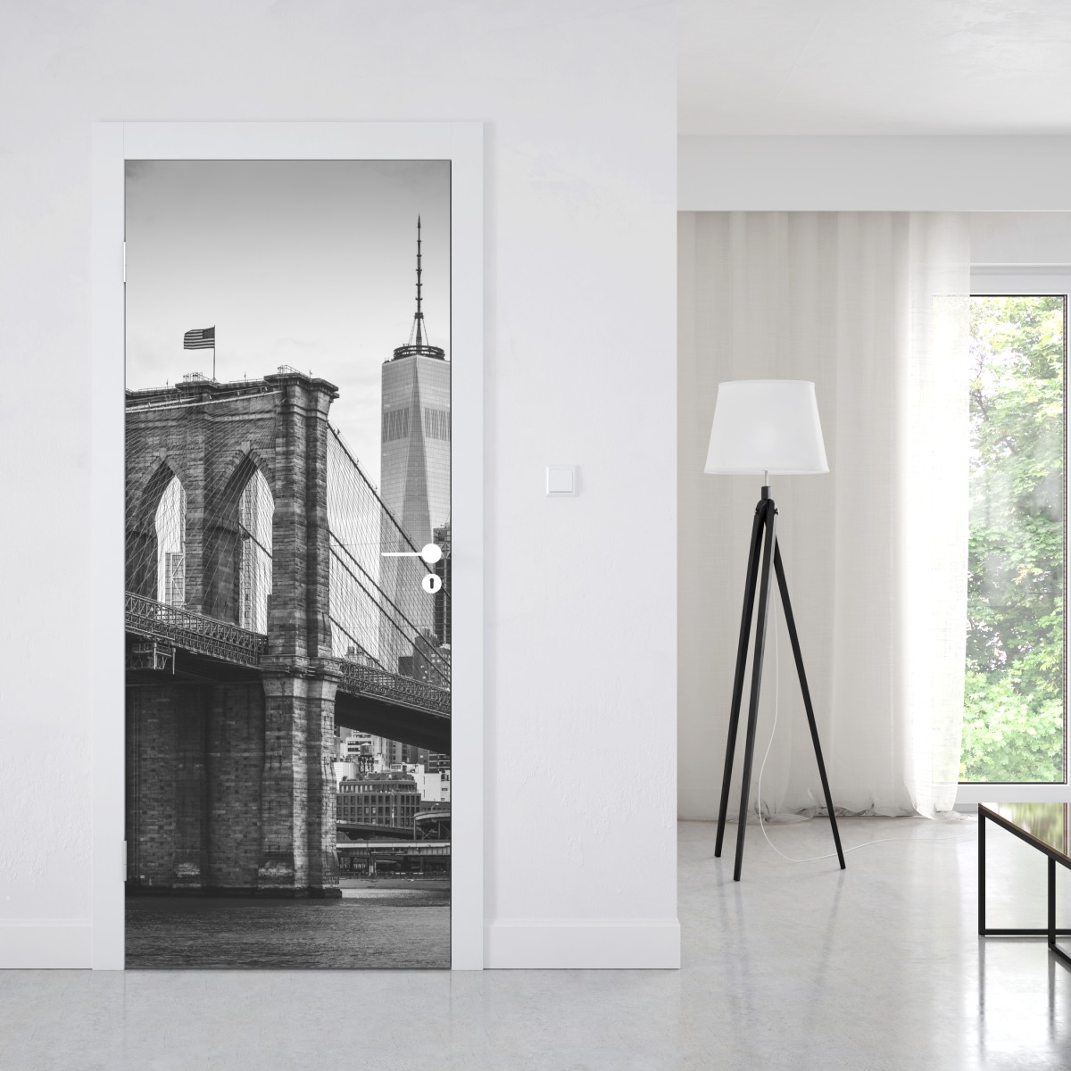 Naklejka na drzwi most brooklyński w czerni i bieli – Wallissimo® Naklejka na drzwi most brooklyński w czerni i bieli – Wallissimo®