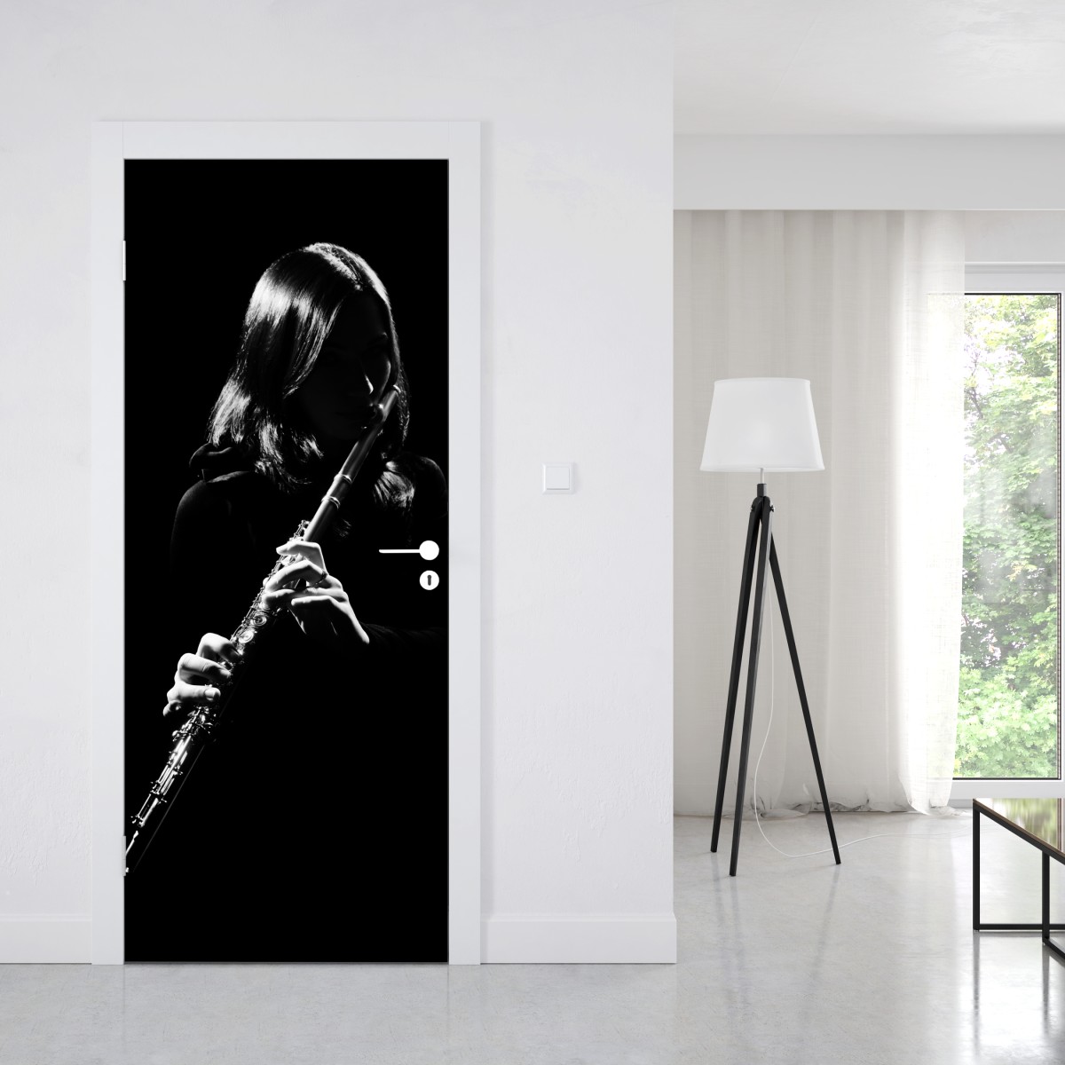 Naklejka na drzwi elegancka sylwetka flecistki – Wallissimo® Naklejka na drzwi elegancka sylwetka flecistki – Wallissimo®