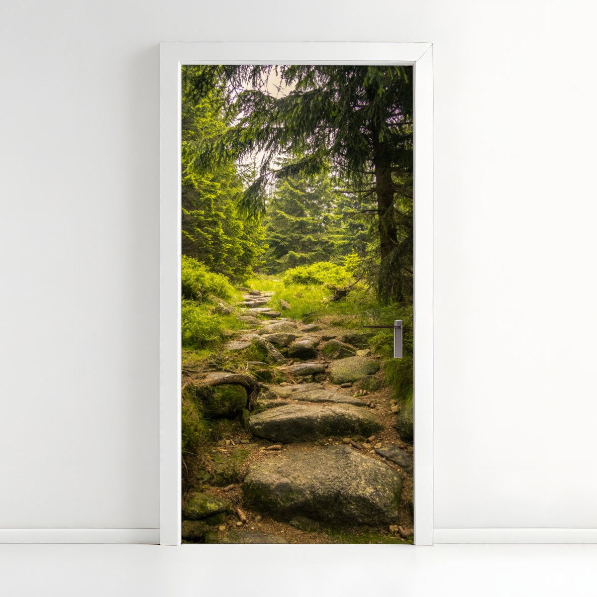 Door sticker serene forest path through evergreen woods – Wallissimo®