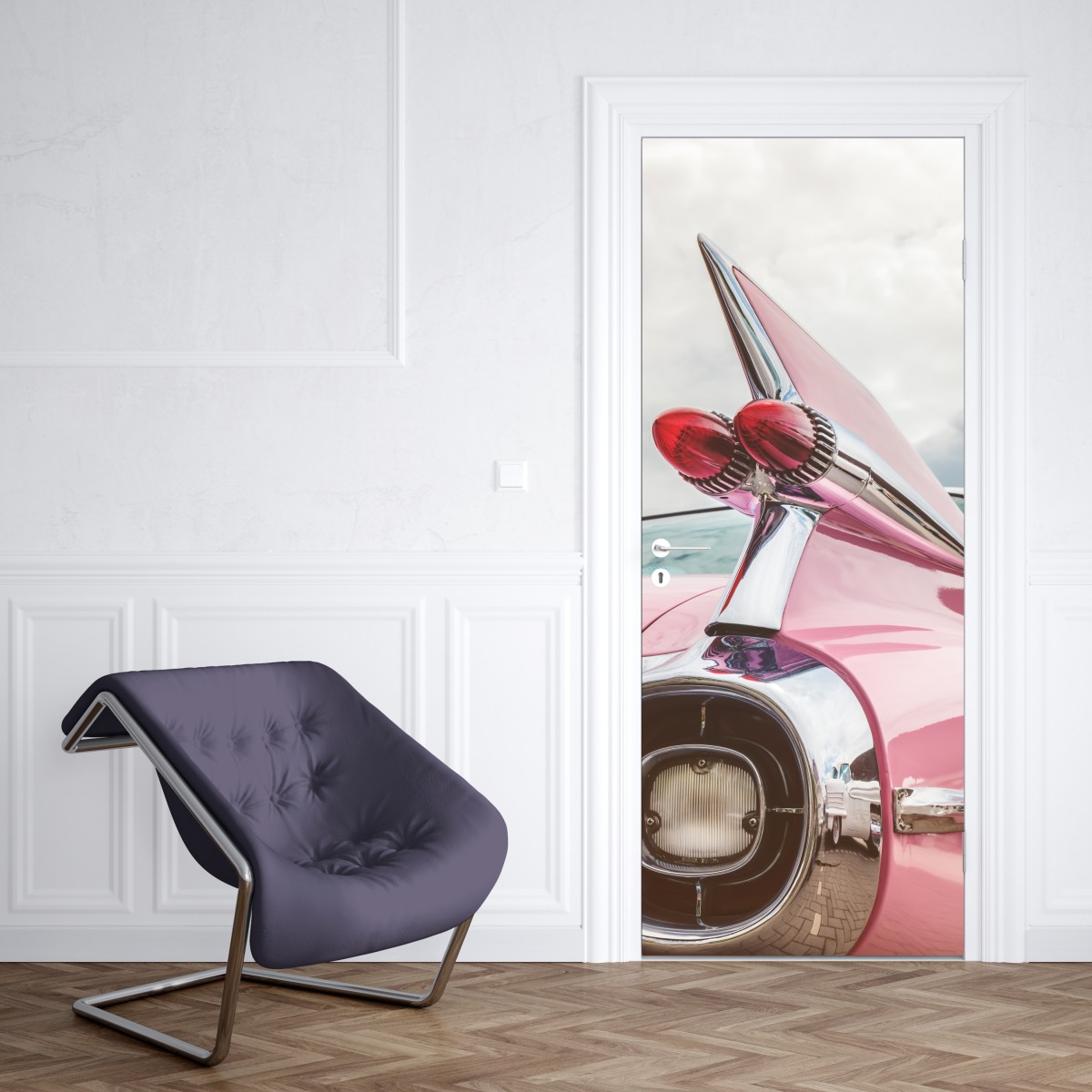 Naklejka na drzwi różowy retro klasyczny samochód płetwa – Wallissimo® Naklejka na drzwi różowy retro klasyczny samochód płetwa – Wallissimo®