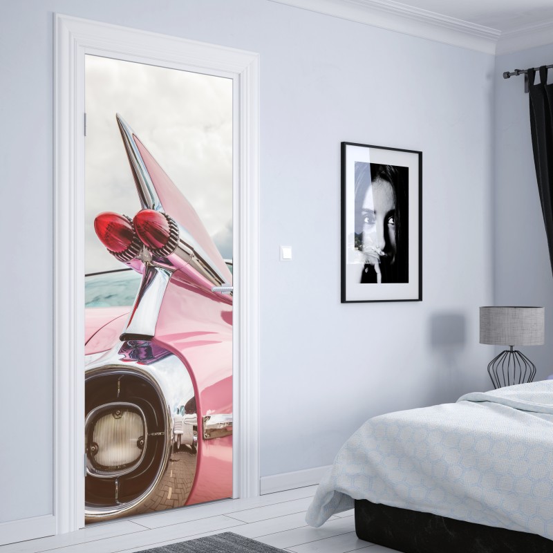 Naklejka na drzwi różowy retro klasyczny samochód płetwa – Wallissimo® Naklejka na drzwi różowy retro klasyczny samochód płetwa – Wallissimo®