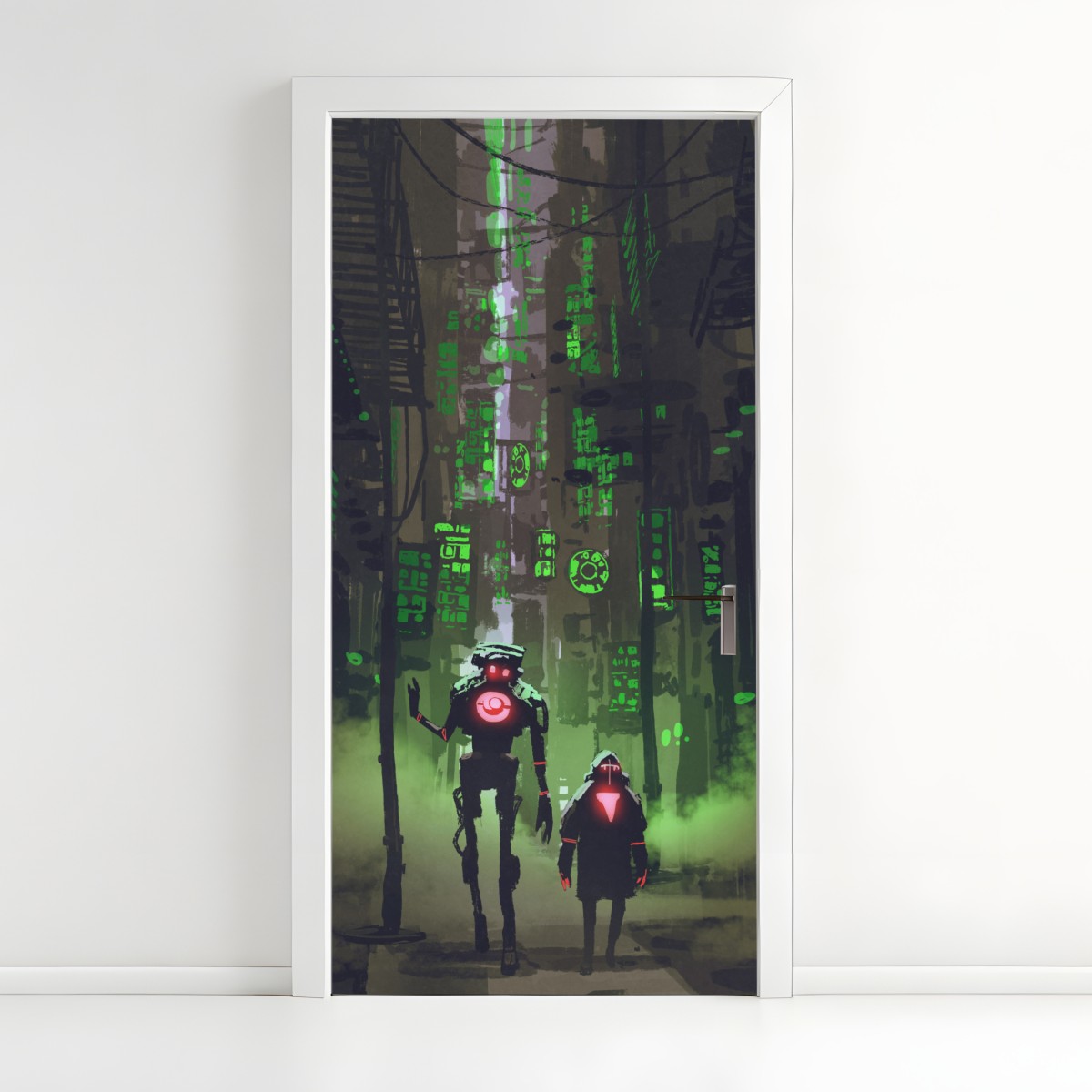 Door sticker robots in neon alley – Wallissimo®