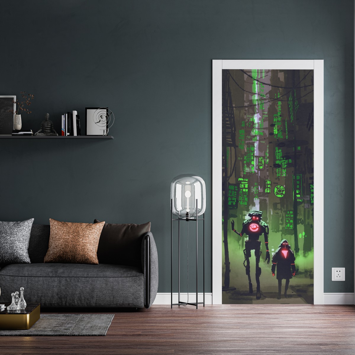 Naklejka na drzwi roboty w neonowej uliczce – Wallissimo® Naklejka na drzwi roboty w neonowej uliczce – Wallissimo®