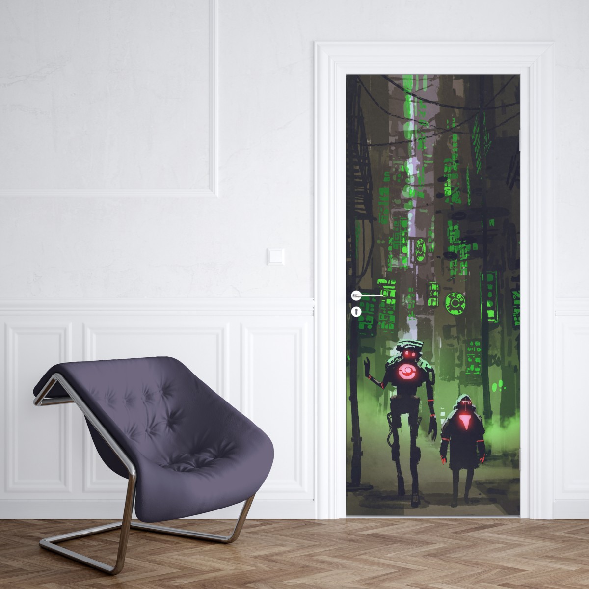 Naklejka na drzwi roboty w neonowej uliczce – Wallissimo® Naklejka na drzwi roboty w neonowej uliczce – Wallissimo®