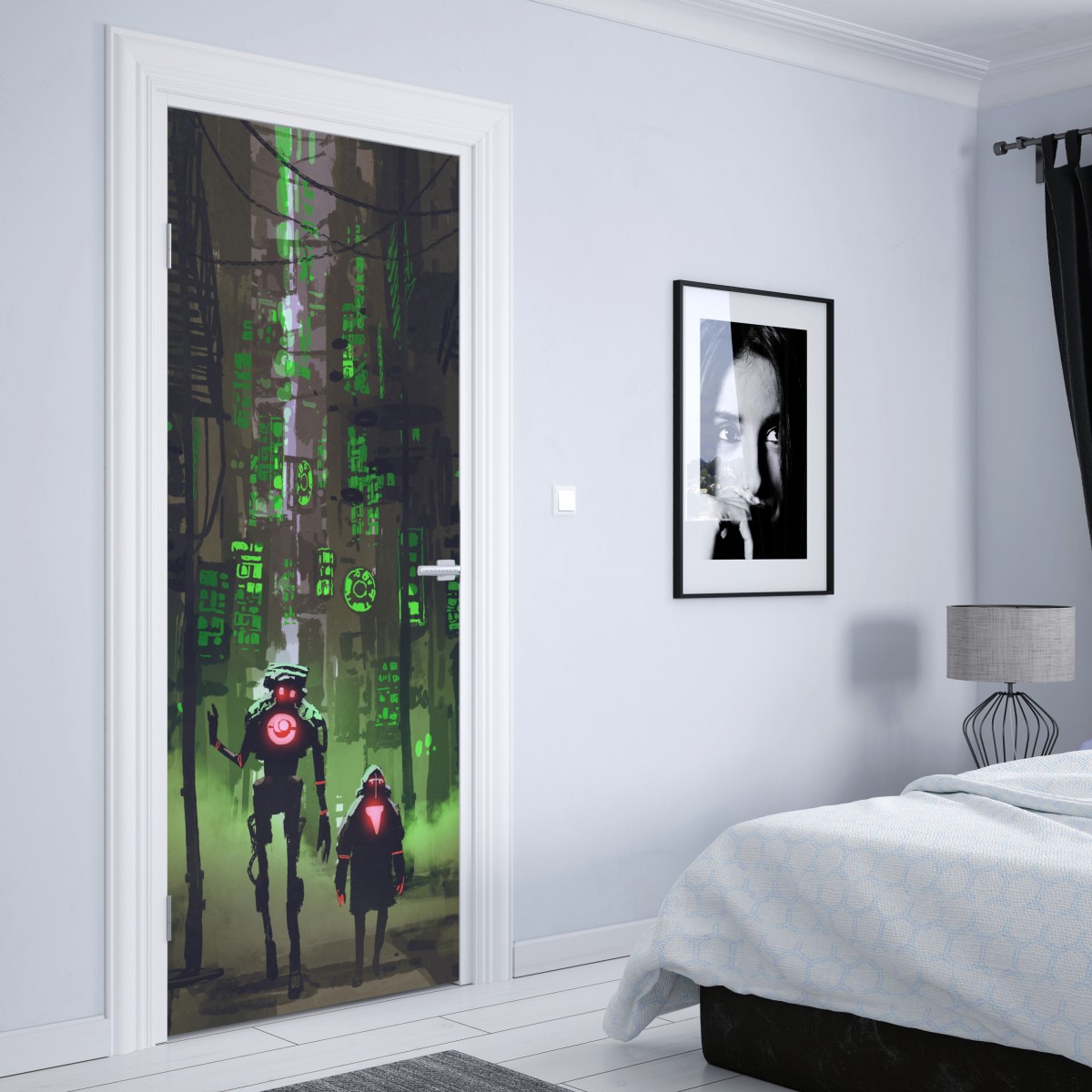 Naklejka na drzwi roboty w neonowej uliczce – Wallissimo® Naklejka na drzwi roboty w neonowej uliczce – Wallissimo®