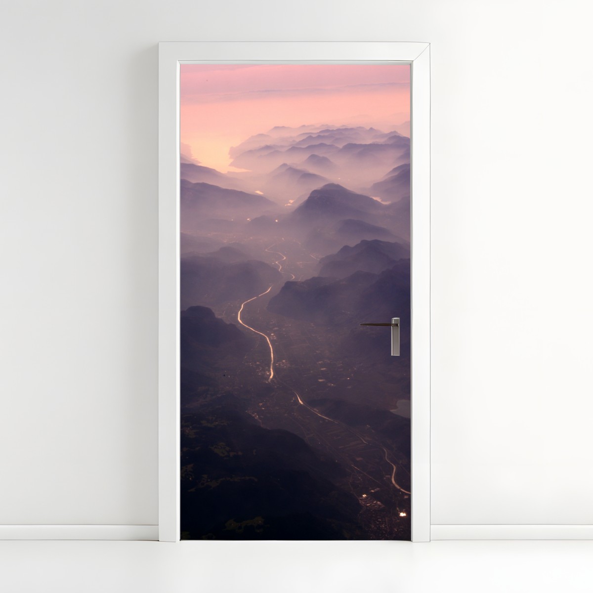 Door sticker misty pastel mountain valley – Wallissimo®