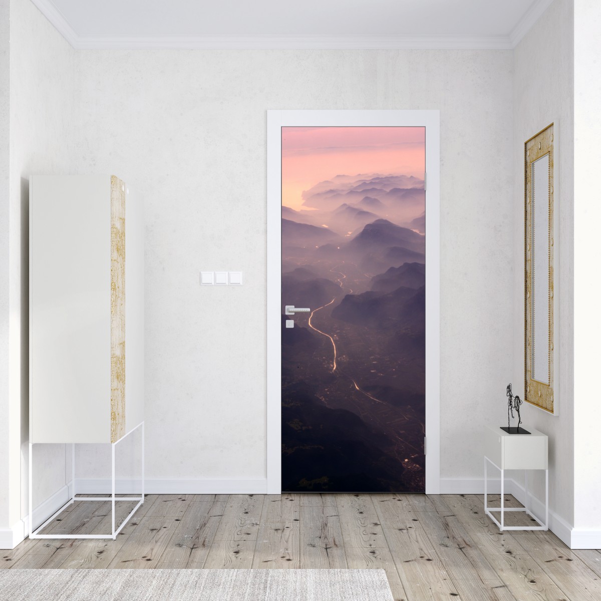 Naklejka na drzwi mglista pastelowa dolina górska – Wallissimo® Naklejka na drzwi mglista pastelowa dolina górska – Wallissimo®
