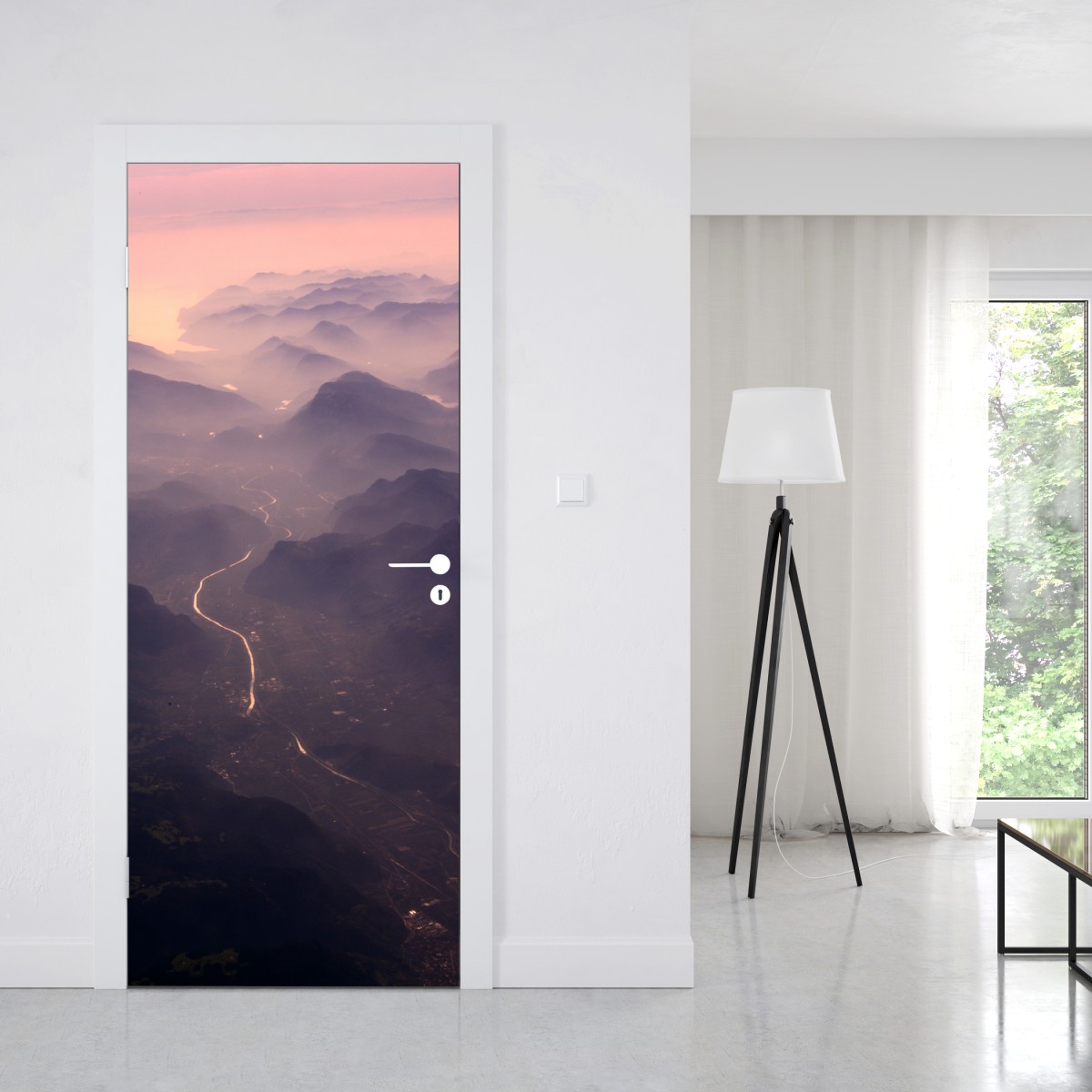 Naklejka na drzwi mglista pastelowa dolina górska – Wallissimo® Naklejka na drzwi mglista pastelowa dolina górska – Wallissimo®