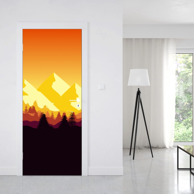 Naklejka na drzwi złoty zachód słońca nad górami – Wallissimo® Naklejka na drzwi złoty zachód słońca nad górami – Wallissimo®