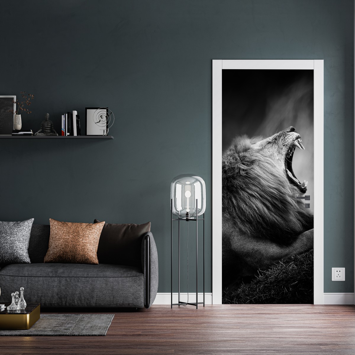 Naklejka na drzwi majestatyczny ryczący lew w monochromie – Wallissimo® Naklejka na drzwi majestatyczny ryczący lew w monochromie – Wallissimo®