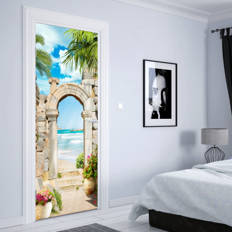 Naklejka na drzwi słoneczny łuk prowadzący do morza – Wallissimo® Naklejka na drzwi słoneczny łuk prowadzący do morza – Wallissimo®