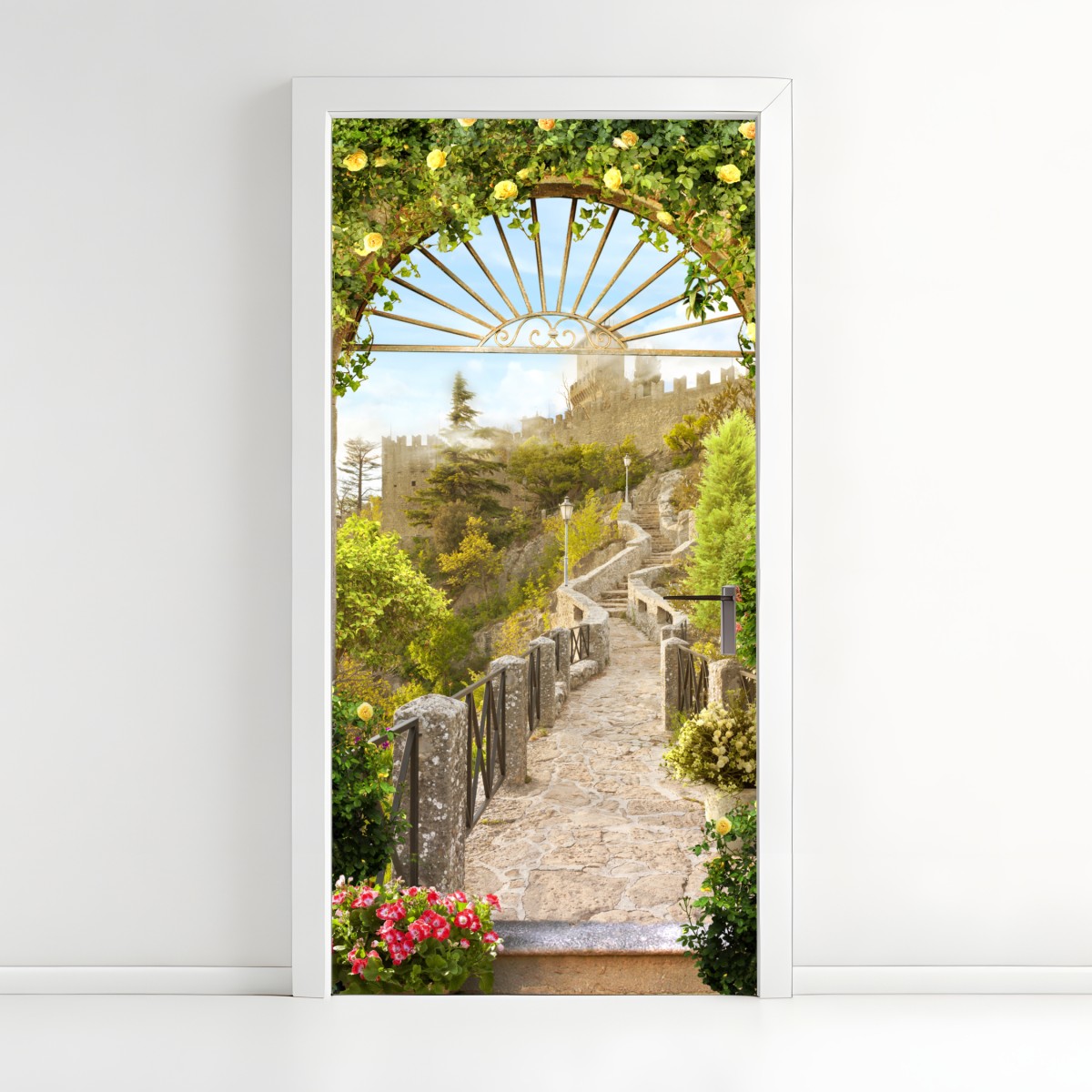 Door sticker sunlit garden path to castle – Wallissimo®