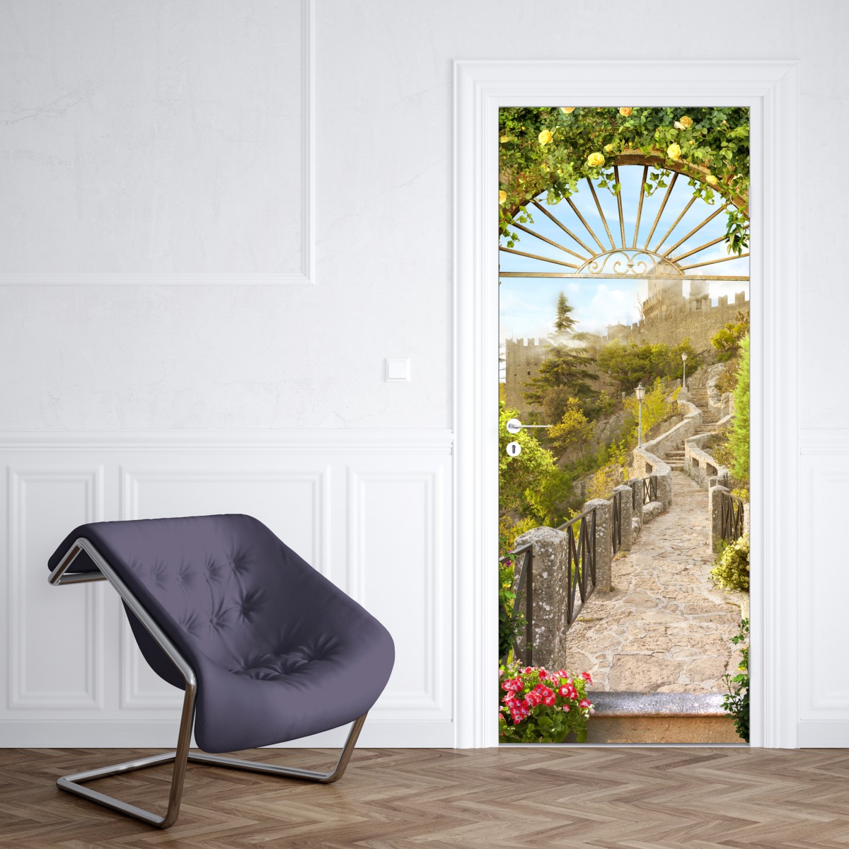 Naklejka na drzwi słoneczna ścieżka ogrodowa prowadząca do zamku – Wallissimo® Naklejka na drzwi słoneczna ścieżka ogrodowa prowadząca do zamku – Wallissimo®