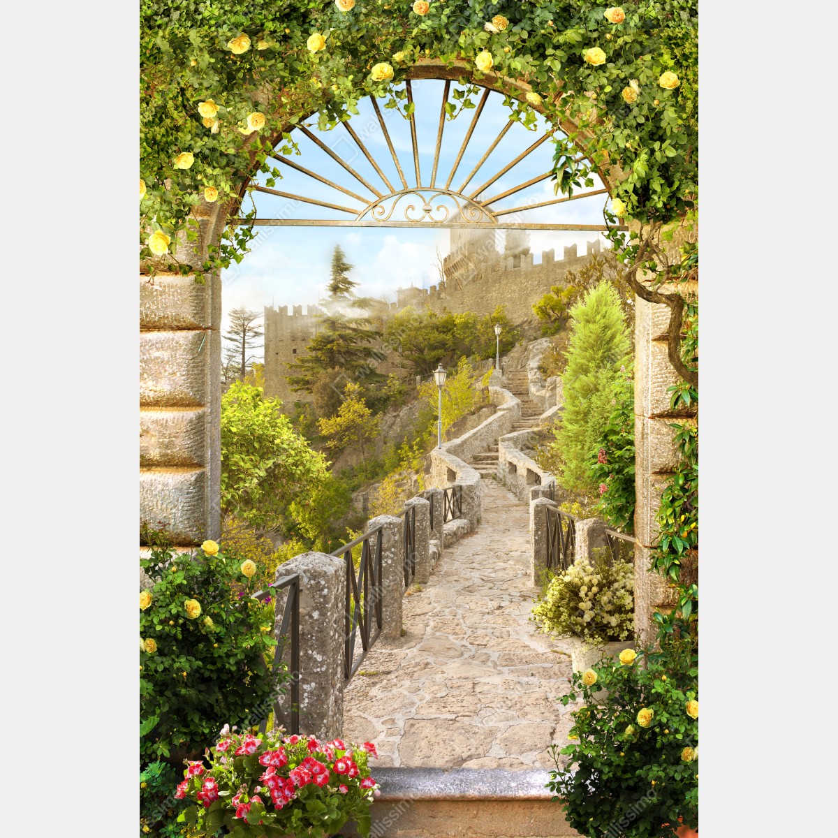 Naklejka na drzwi słoneczna ścieżka ogrodowa prowadząca do zamku – Wallissimo® Naklejka na drzwi słoneczna ścieżka ogrodowa prowadząca do zamku – Wallissimo®