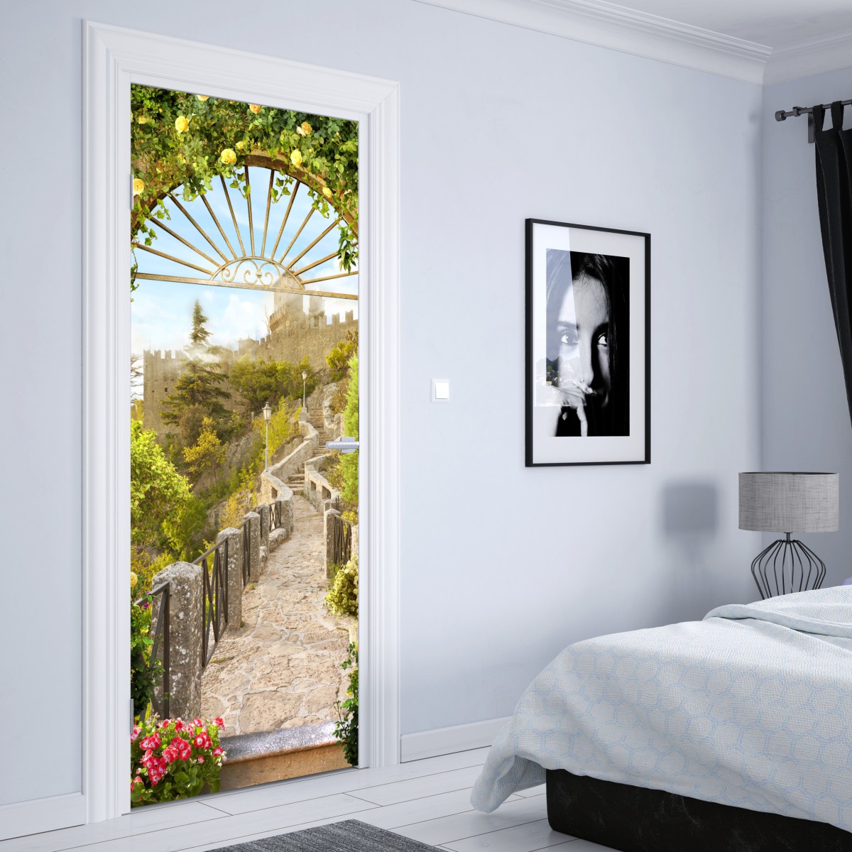 Naklejka na drzwi słoneczna ścieżka ogrodowa prowadząca do zamku – Wallissimo® Naklejka na drzwi słoneczna ścieżka ogrodowa prowadząca do zamku – Wallissimo®