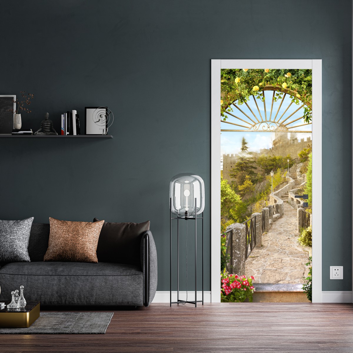 Naklejka na drzwi słoneczna ścieżka ogrodowa prowadząca do zamku – Wallissimo® Naklejka na drzwi słoneczna ścieżka ogrodowa prowadząca do zamku – Wallissimo®