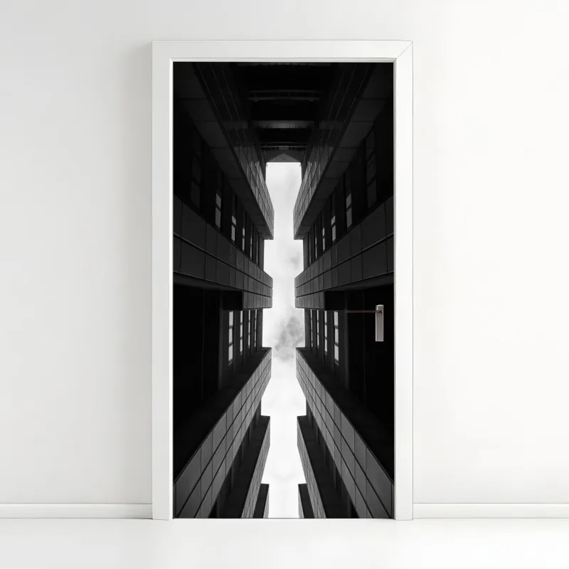 Naklejka na drzwi pionowa miejska symetria w monochromie