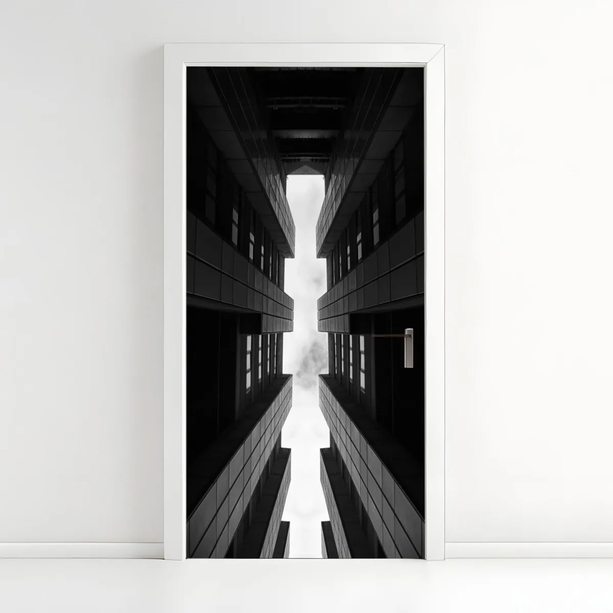 Naklejka na drzwi pionowa miejska symetria w monochromie – Wallissimo® Naklejka na drzwi pionowa miejska symetria w monochromie – Wallissimo®