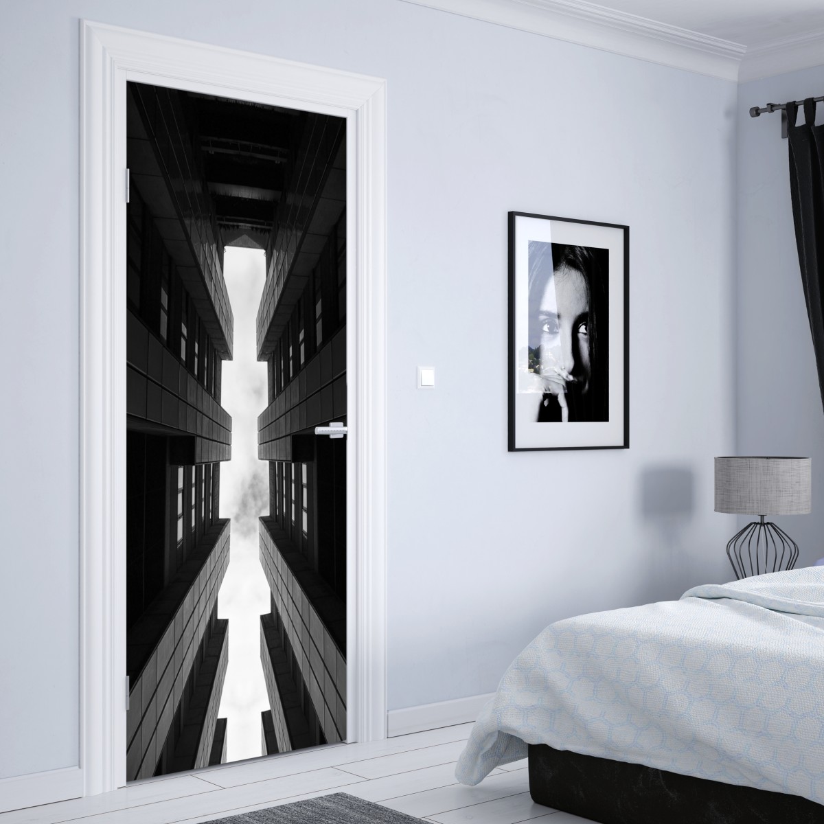 Naklejka na drzwi pionowa miejska symetria w monochromie – Wallissimo® Naklejka na drzwi pionowa miejska symetria w monochromie – Wallissimo®