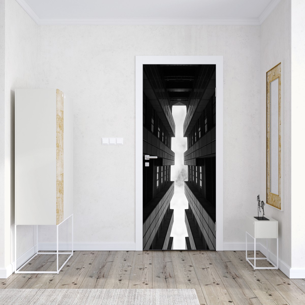 Naklejka na drzwi pionowa miejska symetria w monochromie – Wallissimo® Naklejka na drzwi pionowa miejska symetria w monochromie – Wallissimo®