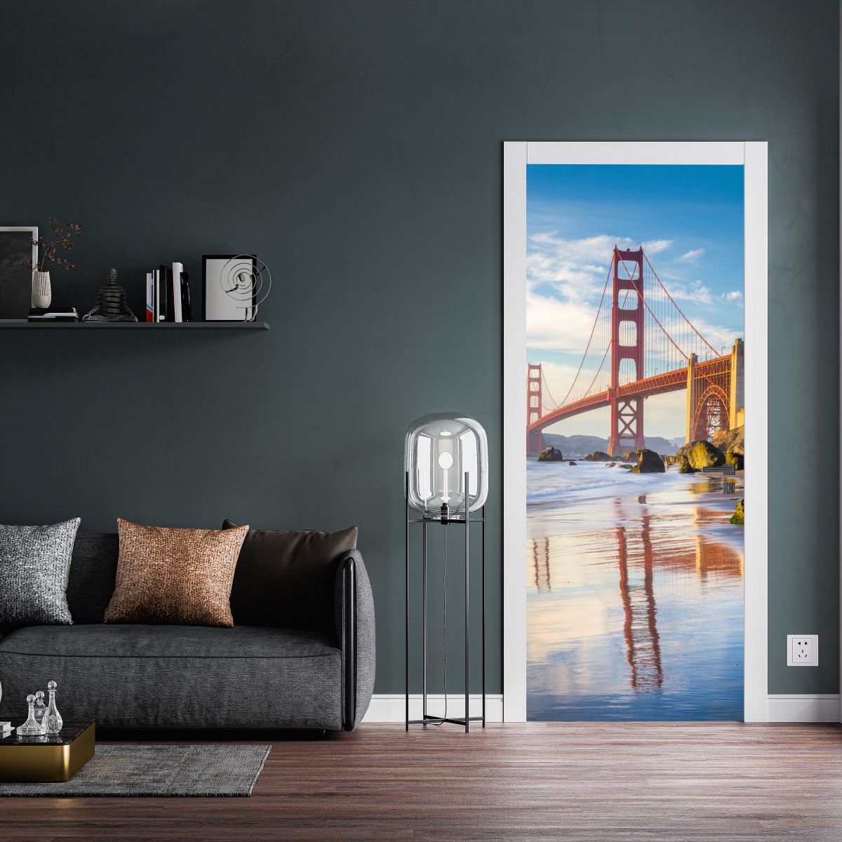 Naklejka na drzwi most Golden Gate odbicie na brzegu – Wallissimo® Naklejka na drzwi most Golden Gate odbicie na brzegu – Wallissimo®