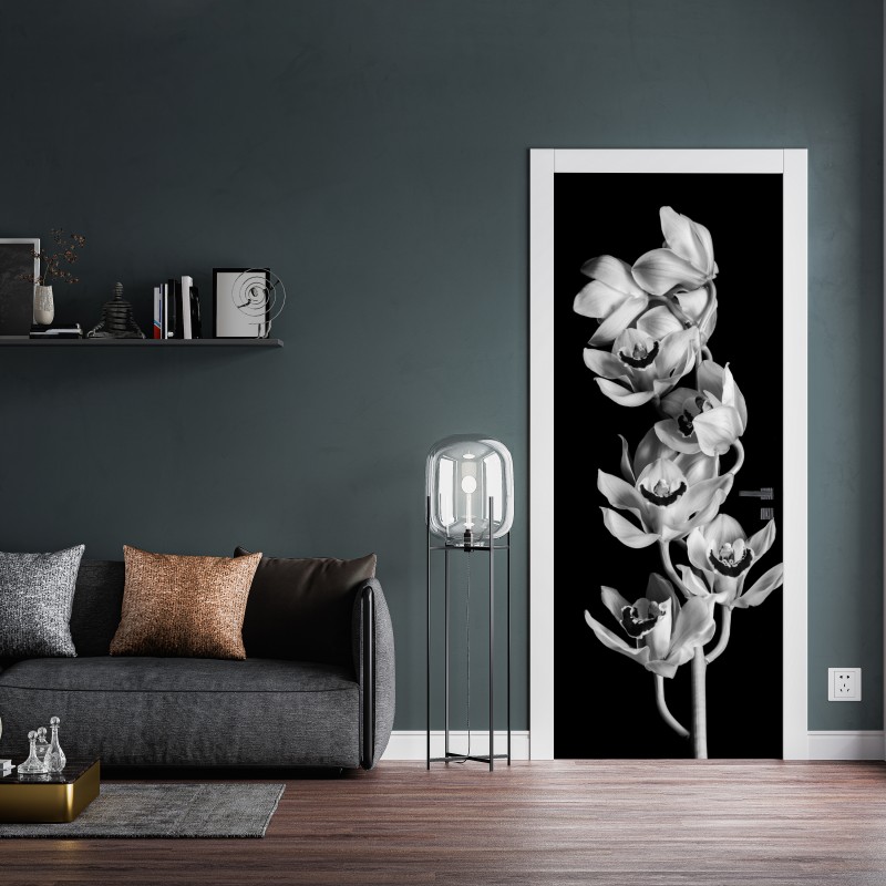 Naklejka na drzwi elegancka monochromatyczna gałąź orchidei – Wallissimo® Naklejka na drzwi elegancka monochromatyczna gałąź orchidei – Wallissimo®